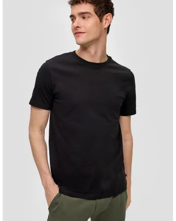 Tricou de bumbac cu decolteu la baza gatului, Negru