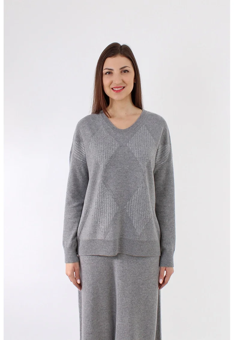 Pulover din casmir si lana cu decolteu in V, Gri inchis