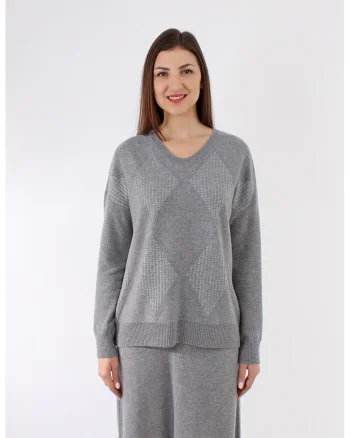 Pulover din casmir si lana cu decolteu in V, Gri inchis