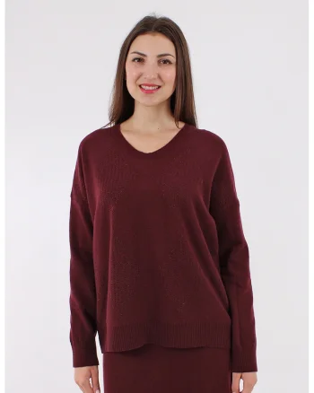 Pulover din casmir si lana cu decolteu in V, Rosu inchis