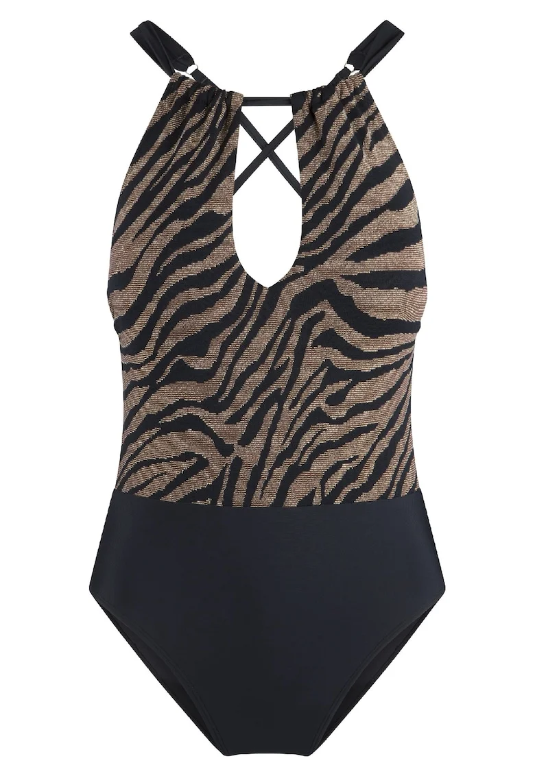 Costum de baie cu animal print si bretele ajustabile, Negru