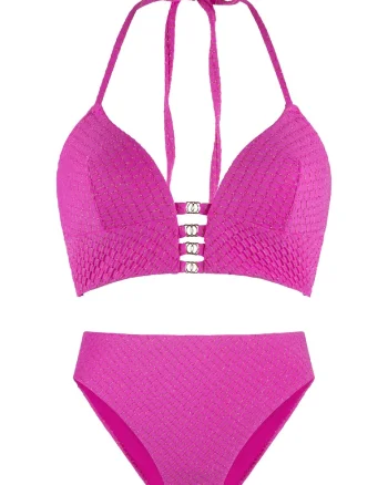 Costum de baie din doua piese cu aspect stralucitor, Roz