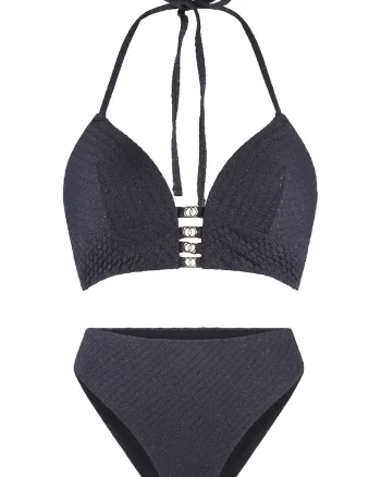 Costum de baie din doua piese cu aspect stralucitor, Negru