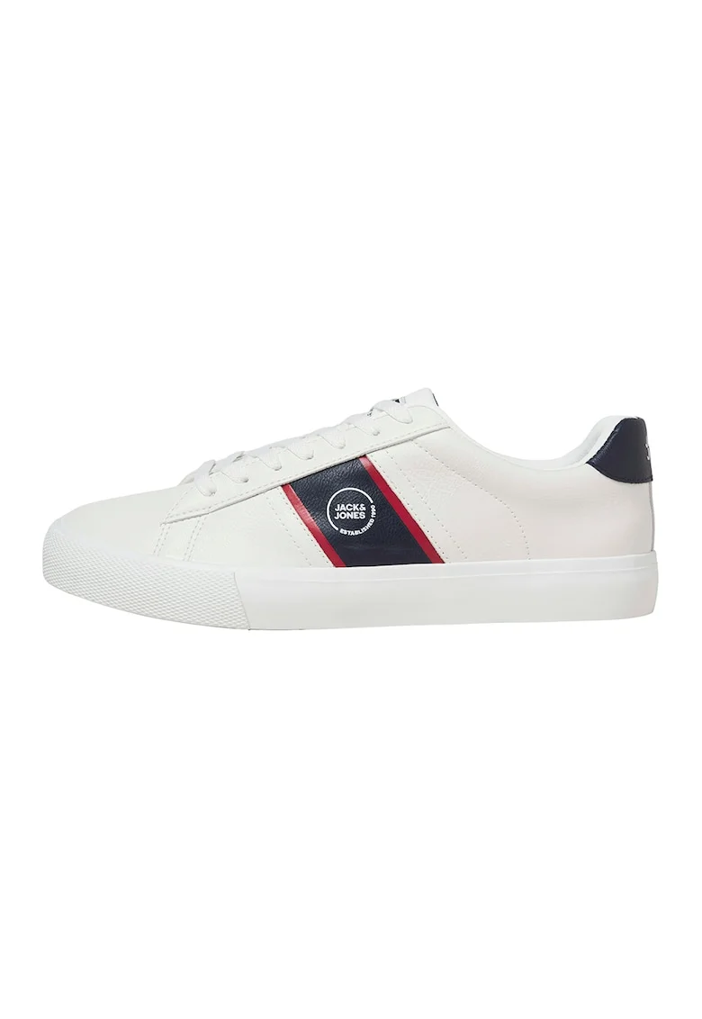 Pantofi sport de piele ecologica cu logo, Alb optic/Bleumarin
