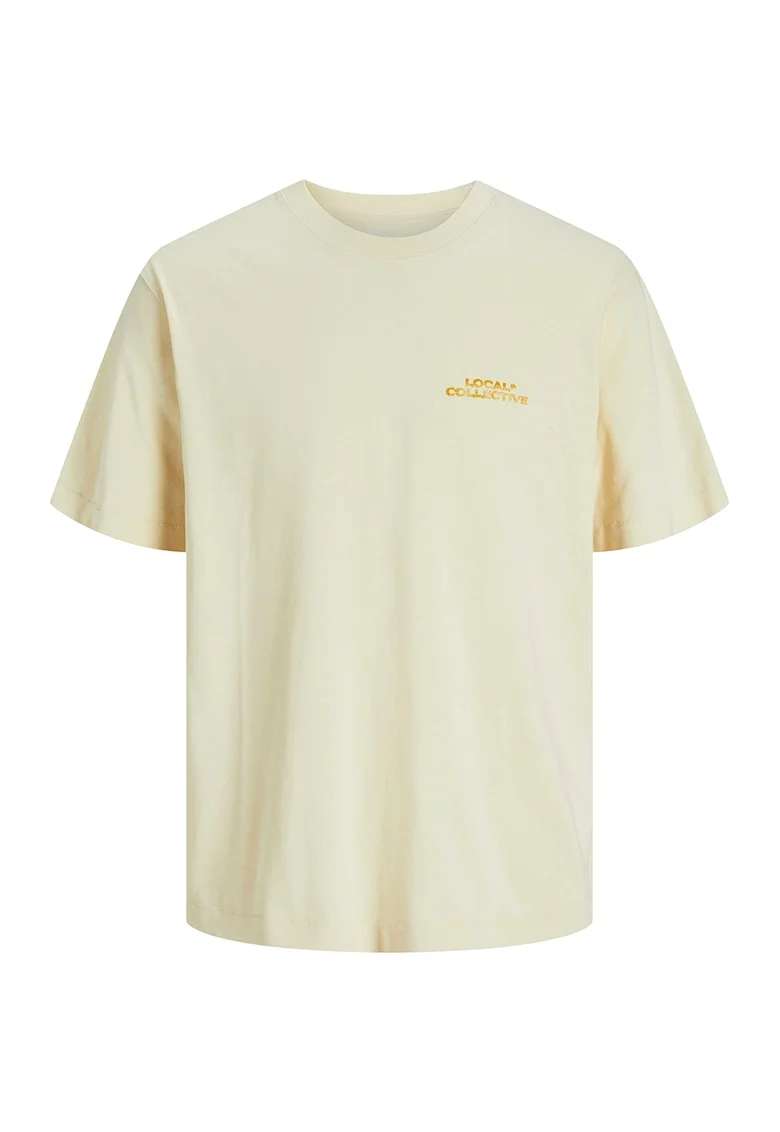 Tricou cu imprimeu si decolteu la baza gatului, Alb fildes/Roz