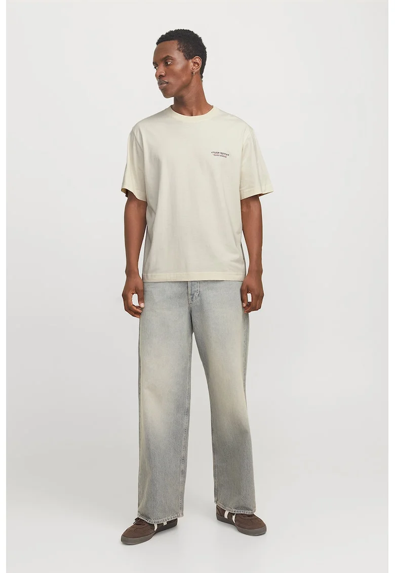 Tricou cu imprimeu text si decolteu la baza gatului, Alb/Portocaliu/Albastru