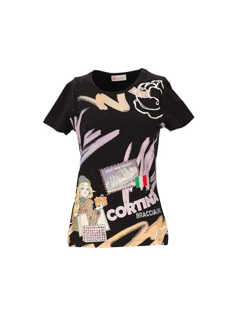 Tricou slim fit cu imprimeu si aplicatii cu strasuri, Negru