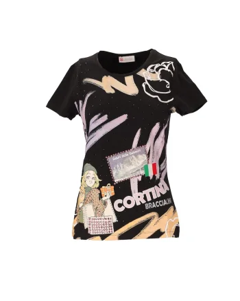 Tricou slim fit cu imprimeu si aplicatii cu strasuri, Negru