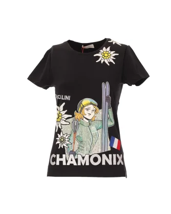 Tricou cu decolteu la baza gatului si imprimeu, Negru