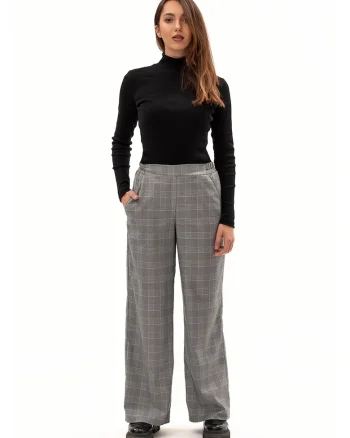Pantaloni ampli in carouri cu banda elastica pe spate, Gri