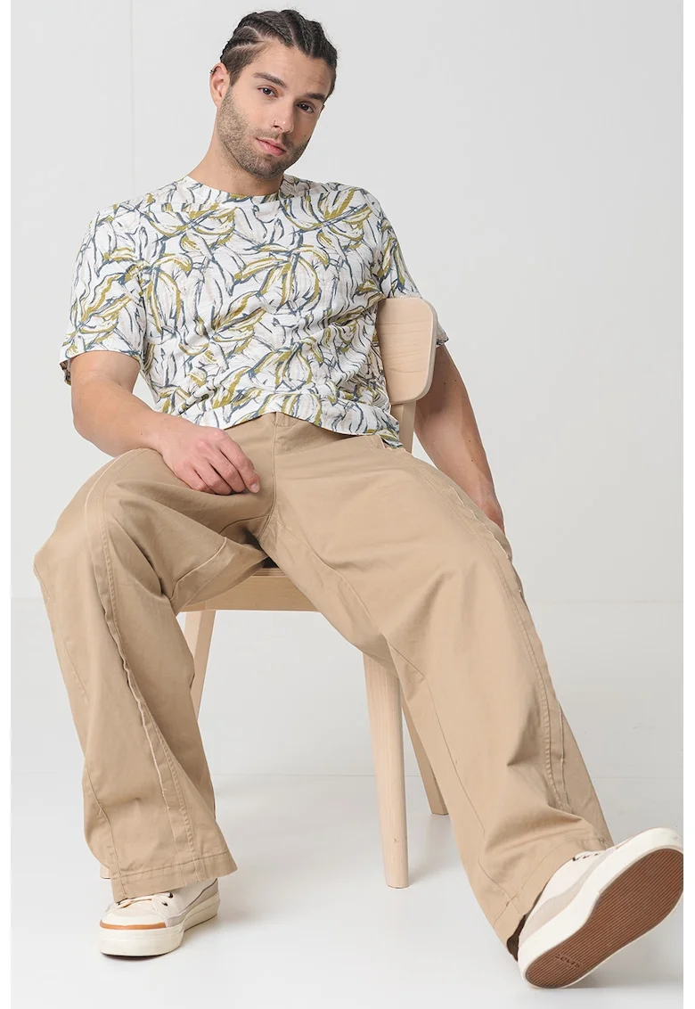 Tricou de bumbac cu imprimeu tropical, Alb/Verde fistic