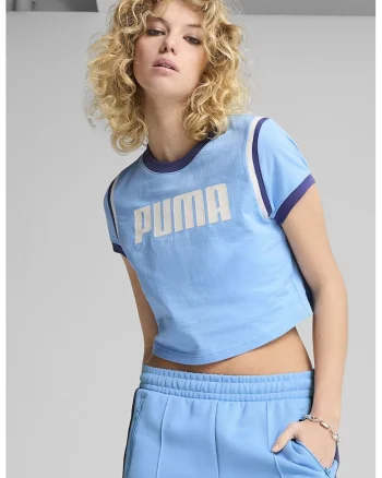 Tricou crop cu imprimeu logo, Alb/Albastru deschis