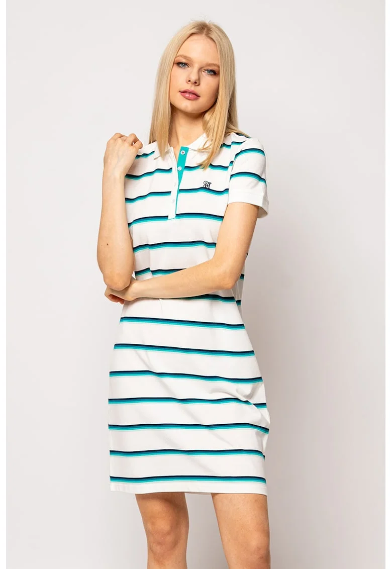 Rochie-tricou polo cu model in dungi, Alb/Turcoaz/Bleumarin