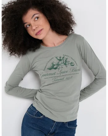 Bluza cu imprimeu floral si text, Verde sparanghel
