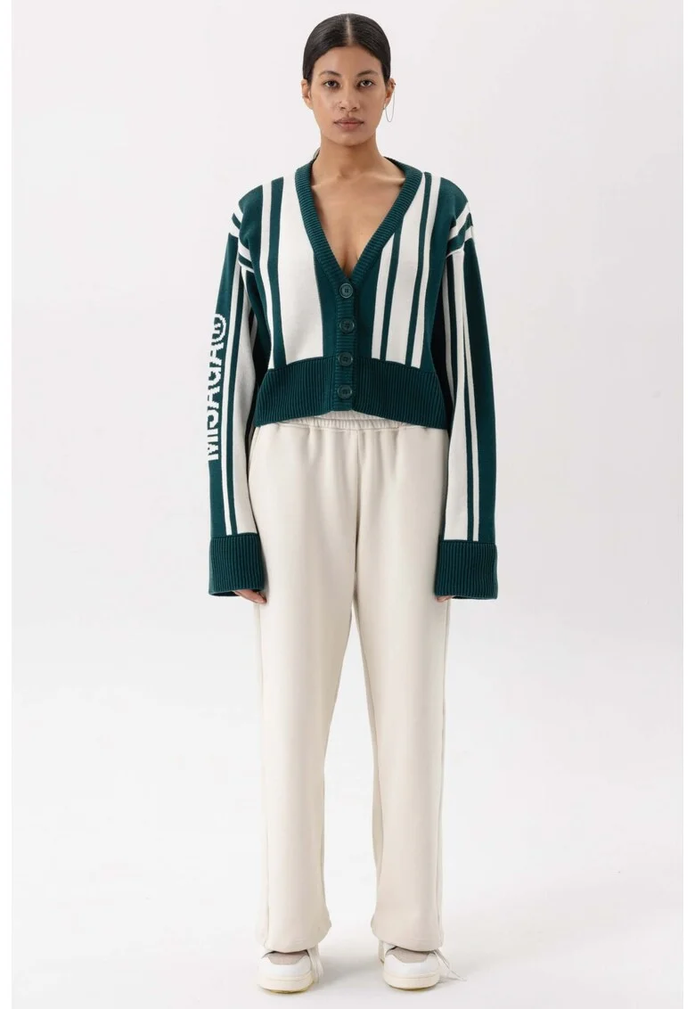 Cardigan in dungi din lana merinos, cu nasturi, Verde padure, Alb