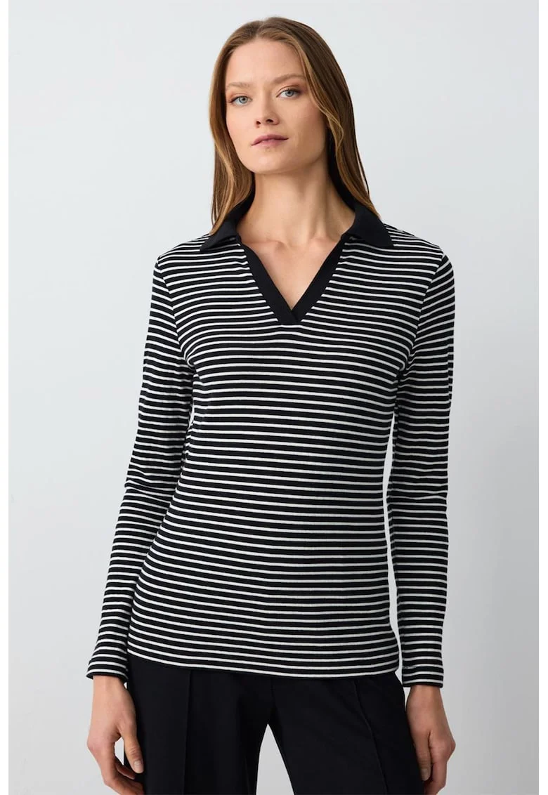 Bluza polo cu decolteu in V si model in dungi, Alb/Negru
