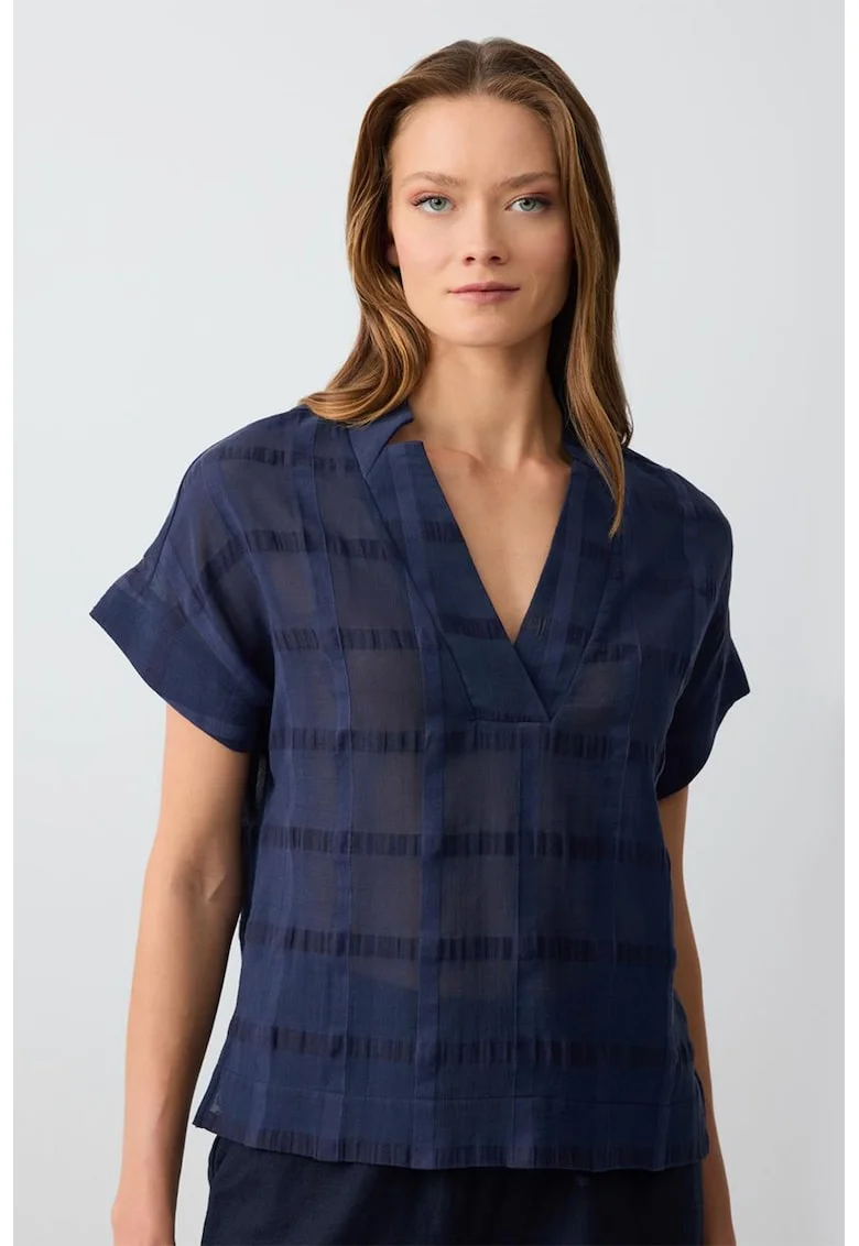 Tricou din amestec de in cu decolteu in V, Bleumarin