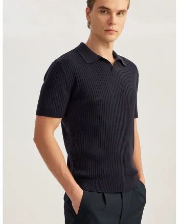 Pulover polo cu model texturat, maneci scurte si decolteu in V, Bleumarin