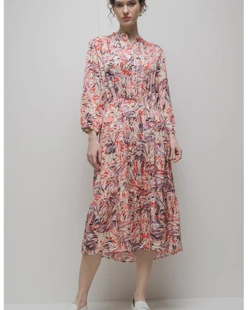 Rochie evazata cu mode abstract, Violet/Kaki/Roz