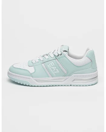 Pantofi sport din piele cu model cu perforatii, Alb/Verde menta