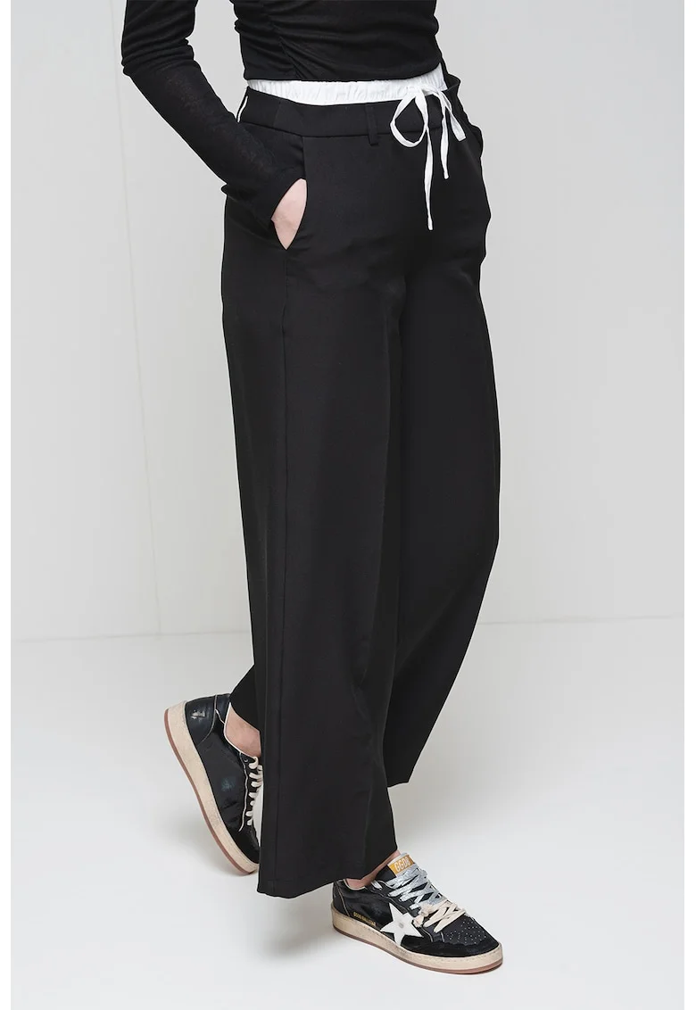 Pantaloni cu croiala ampla si talie inalta, Alb/Negru