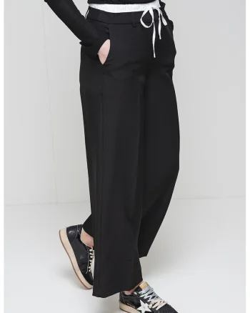 Pantaloni cu croiala ampla si talie inalta, Alb/Negru