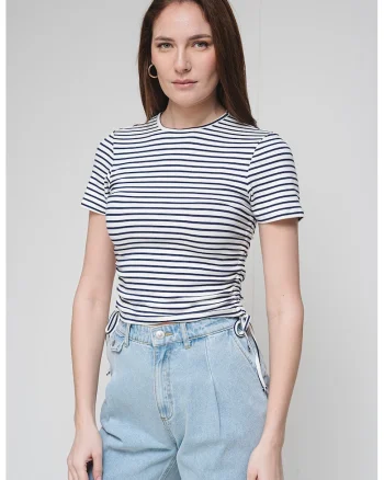 Tricou slim fit cu decolteu la baza gatului si model in dungi, Alb/Albastru inchis