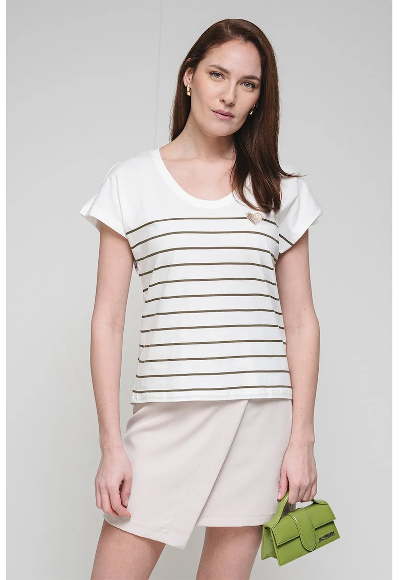 Tricou de bumbac organic cu model in dungi si decolteu rotund, Alb/Verde feriga