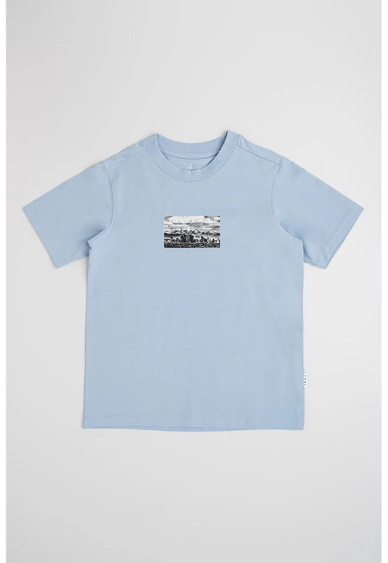 Tricou cu decolteu la baza gatului si imprimeu, Albastru pastel