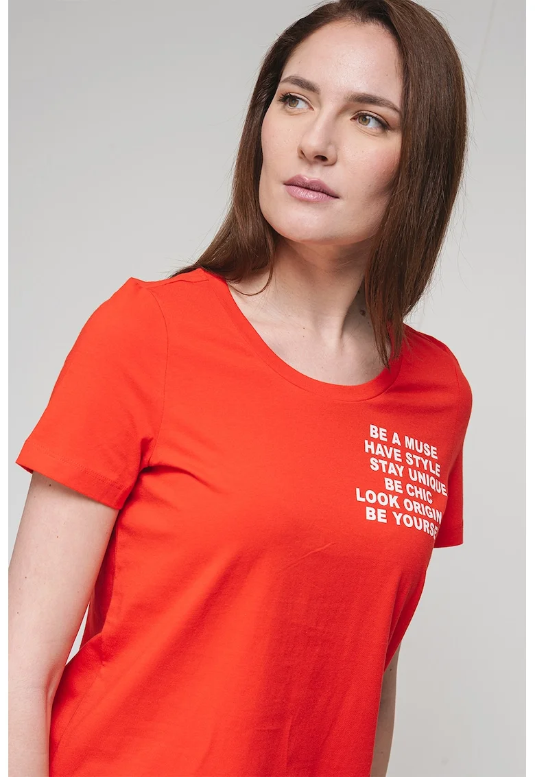 Tricou de bumbac organic cu imprimeu pe piept, Alb/Rosu vermillion