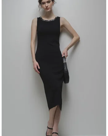 Rochie midi cu croiala dreapta, Negru