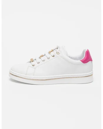 Pantofi sport din piele ecologica cu model logo, Alb/Fucsia