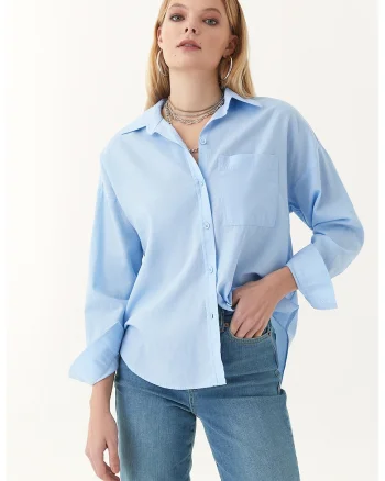 Camasa din bumbac cu model uni, Albastru glaciar