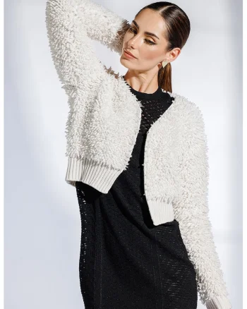 Cardigan din lana cu asepct pufos Icon, Crem