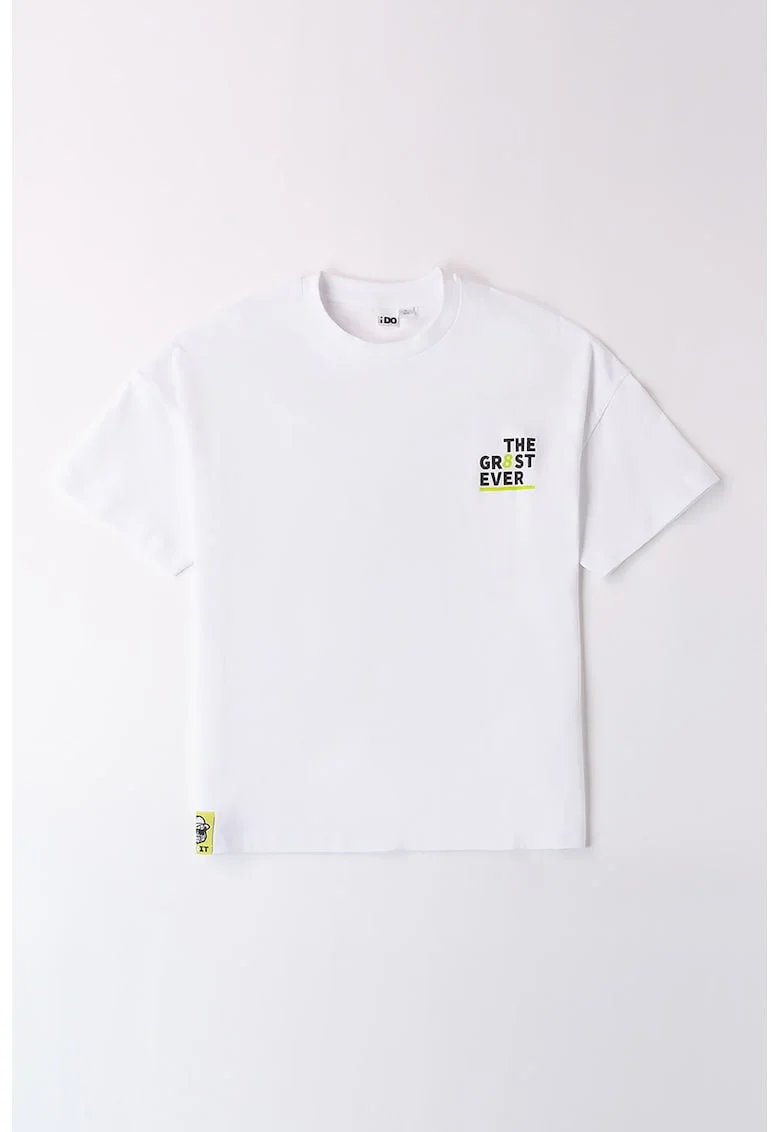Tricou cu decolteu la baza gatului si imprimeu, Gri deschis/Alb optic/Verde lime