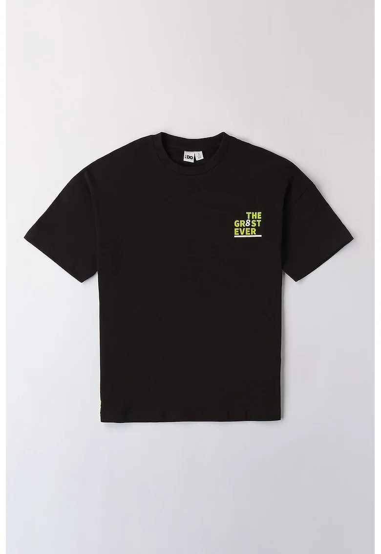 Tricou cu decolteu la baza gatului si imprimeu, Negru/Gri deschis/Verde lime