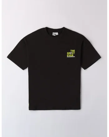 Tricou cu decolteu la baza gatului si imprimeu, Negru/Gri deschis/Verde lime