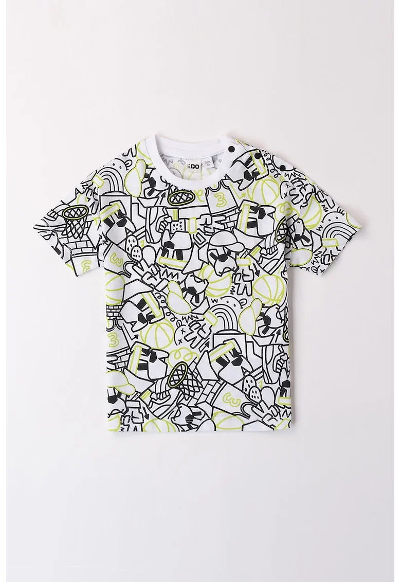 Tricou de bumbac cu imprimeu grafic, Negru/Verde pal/Alb optic