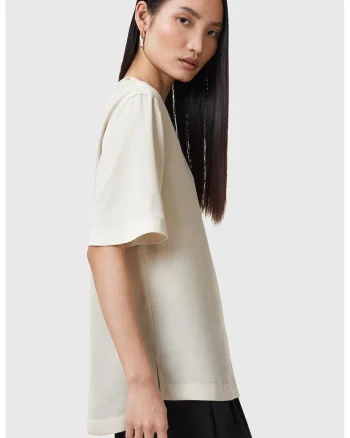Tricou relaxed fit satinat Amelie, Crem