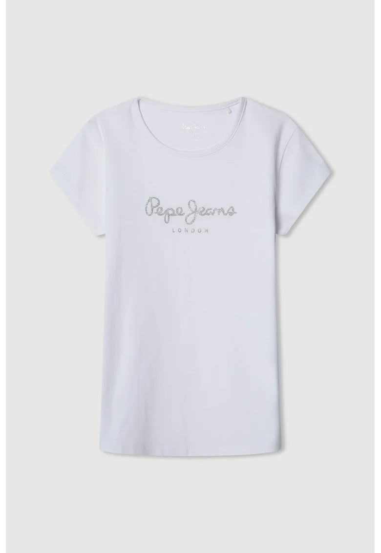 Tricou cu decolteu la baza gatului si logo stralucitor, Alb optic/Argintiu