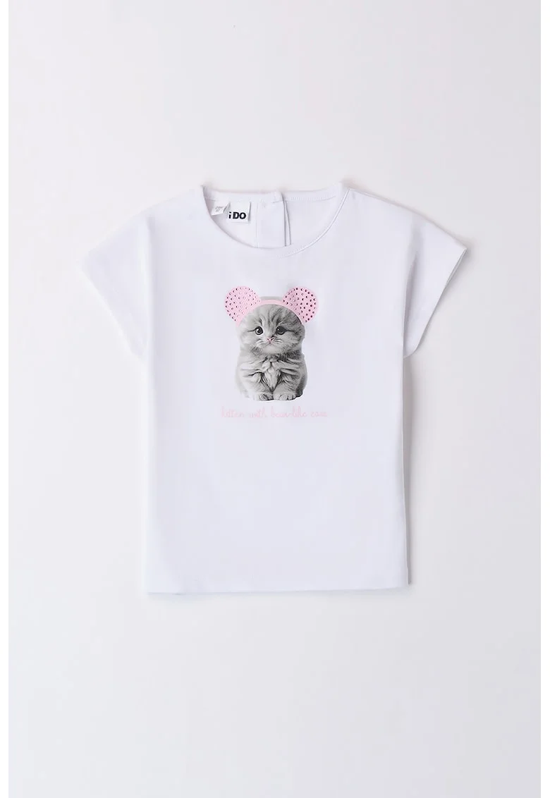 Tricou cu imprimeu si strasuri, Gri deschis/Roz pastel/Alb optic