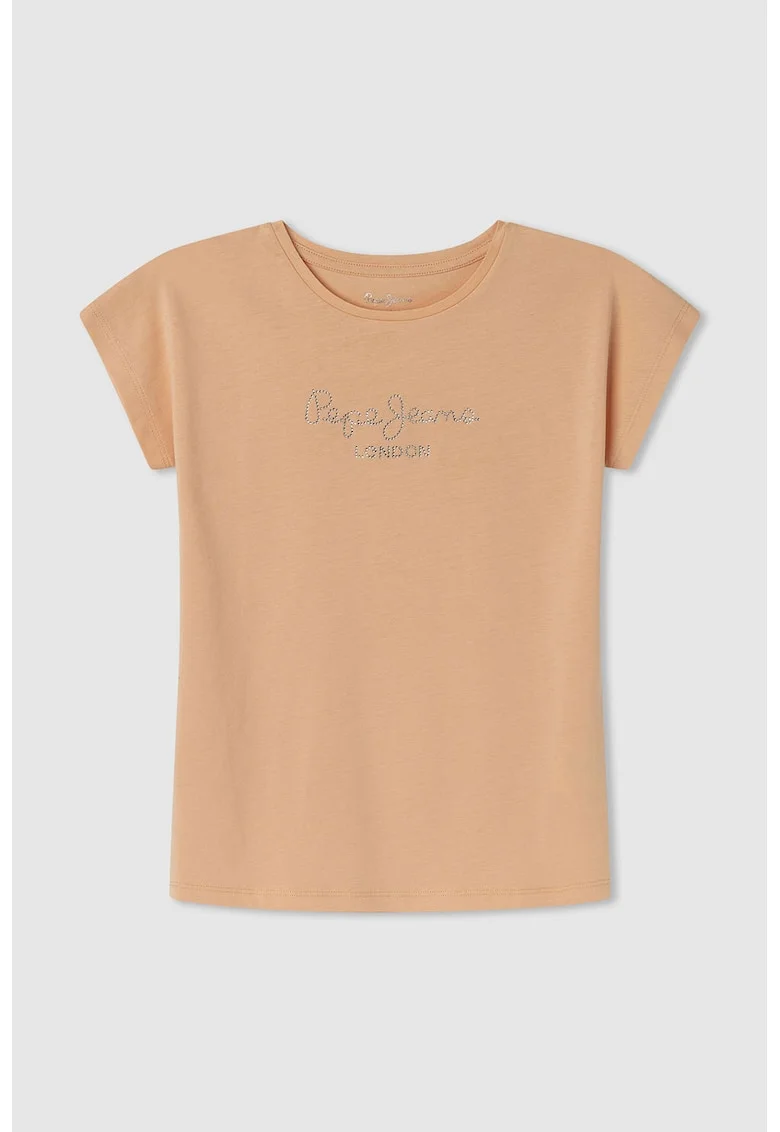 Tricou cu logo din strasuri, Piersica/Argintiu