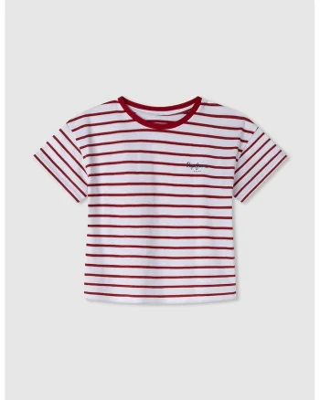Tricou cu decolteu la baza gatului si dungi, Rosu/Alb optic