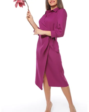 Rochie midi cu croiala petrecuta si slit frontal, Roz inchis