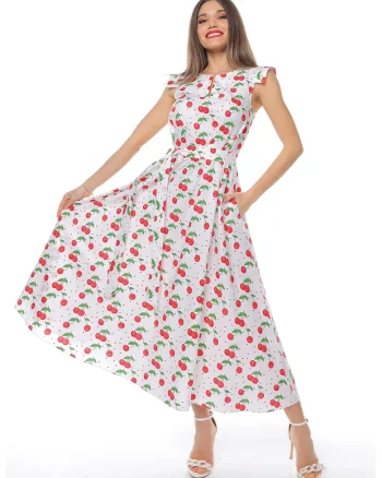Rochie midi din bumbac cu un cordon, Rosu/Alb/Verde