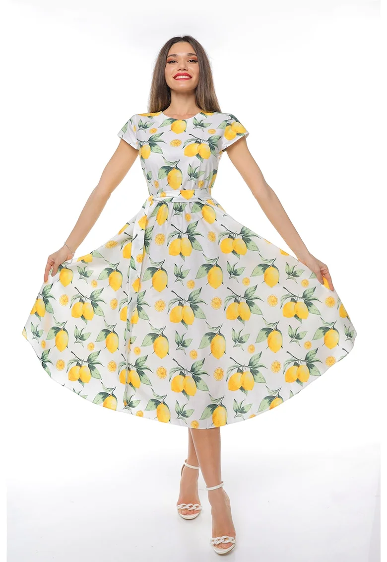 Rochie midi cu croiala evazata si maneci scurte, Alb/Verde/Galben