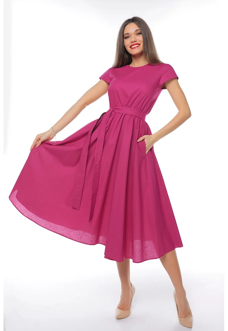 Rochie midi cu croiala evazata si maneci scurte, Fucsia