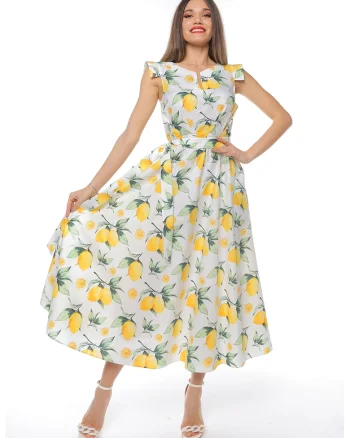 Rochie midi din bumbac cu un cordon, Alb/Verde/Galben