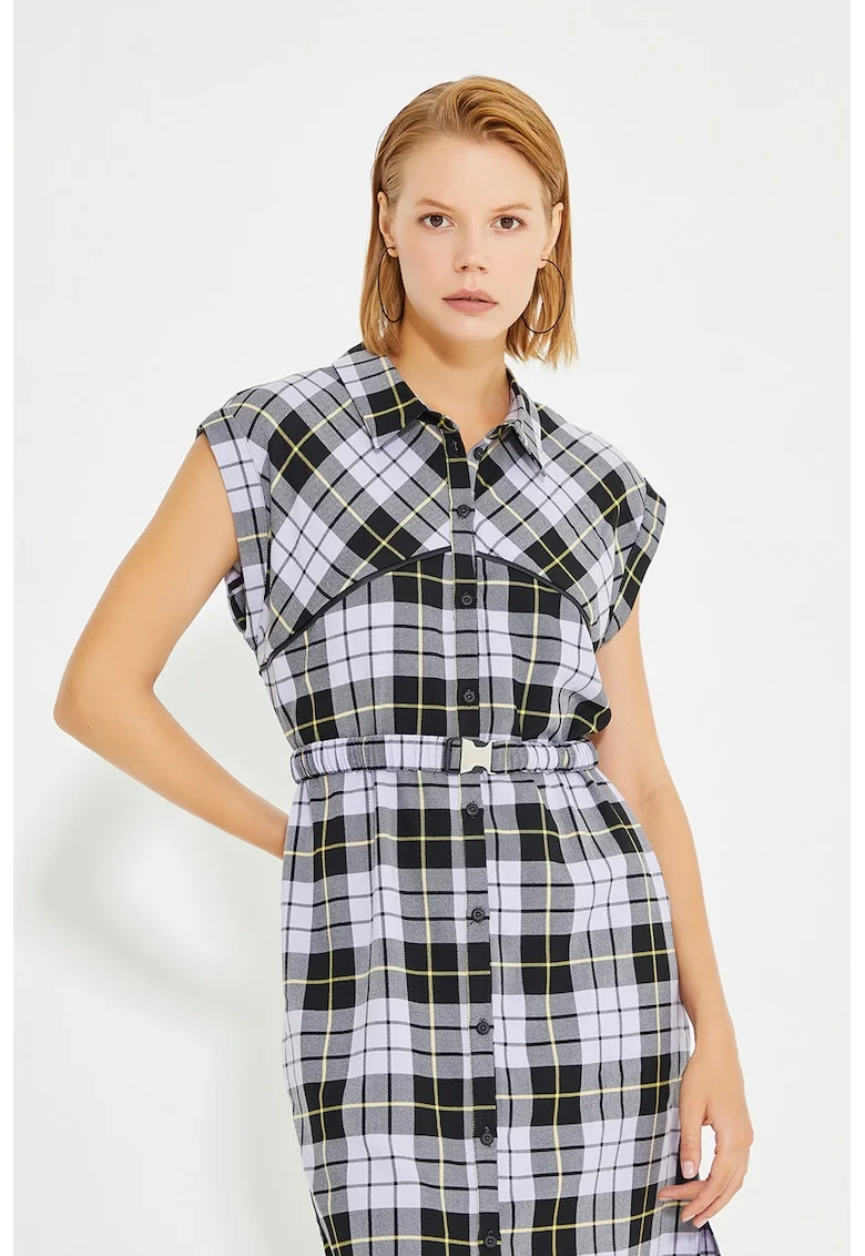 Rochie cu curea in talie si model in carouri, Negru/Lila
