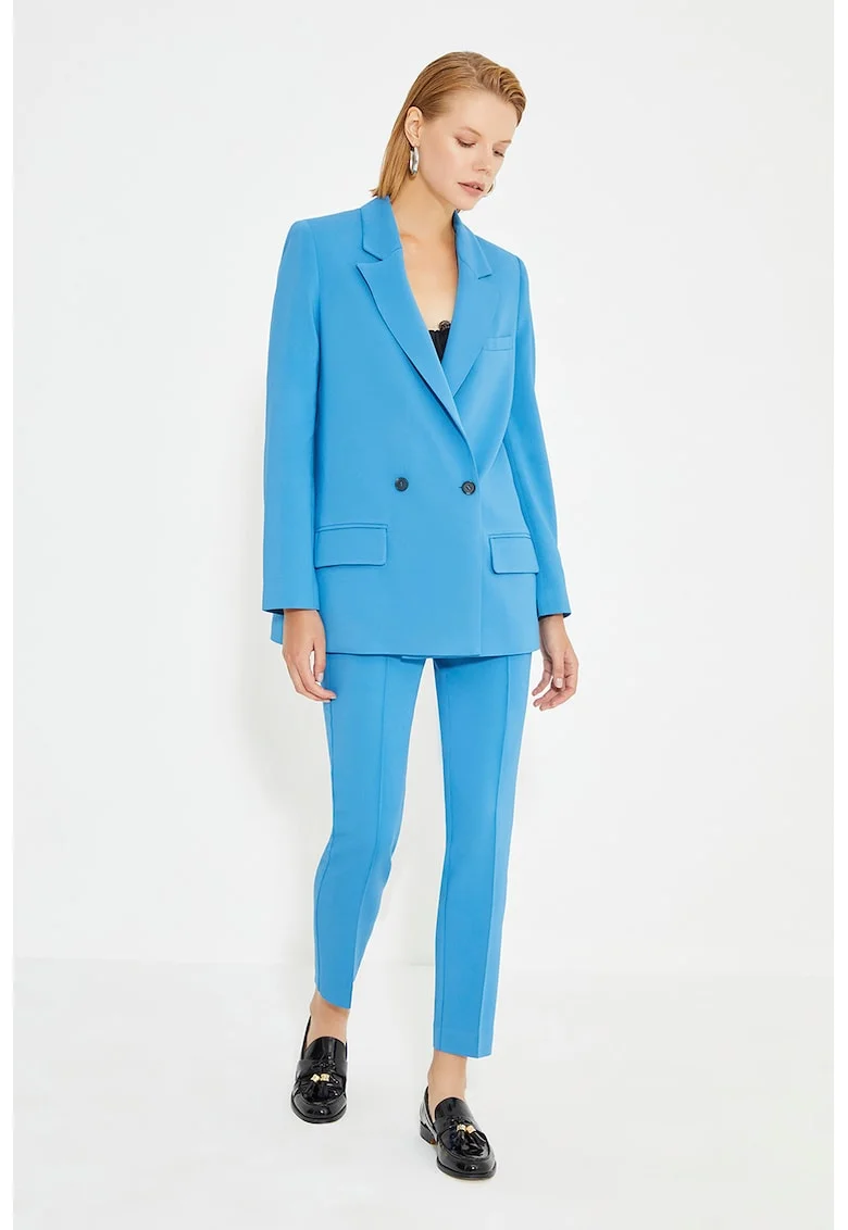 Pantaloni crop cu croiala slim-fit si cusaturi frontale, Albastru pastel